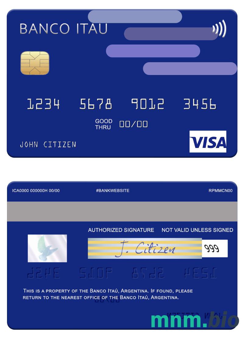 Argentina Banco Itaú Argentina przykład karty visa w formacie PSD